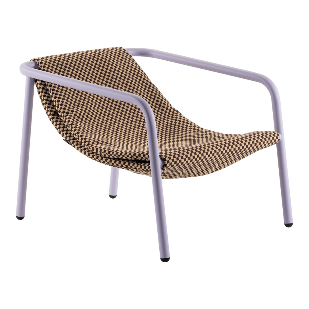 Brown and cream checkered pattern chair with a light purple metal frame. Modern, stylish design for contemporary decor.