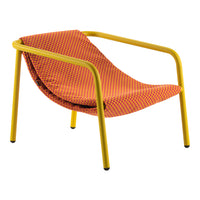 Orange patterned chair with yellow metal frame, featuring bold geometric prints for a vibrant look.