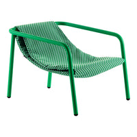 Green lounge chair with a houndstooth pattern fabric, featuring a modern design and lightweight frame.
