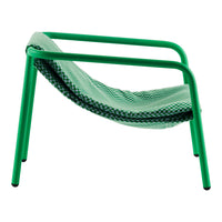 Green metal chair with a textured mesh seat in a contrasting checkered pattern. Ideal for modern outdoor spaces.