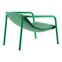 Green chair with a striped pattern in varying shades of green and white, featuring a sleek metal frame.