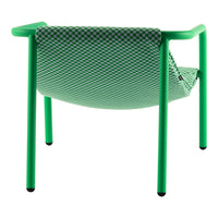 Green chair with a checkered pattern and solid green frame, featuring a contemporary minimalist design.
