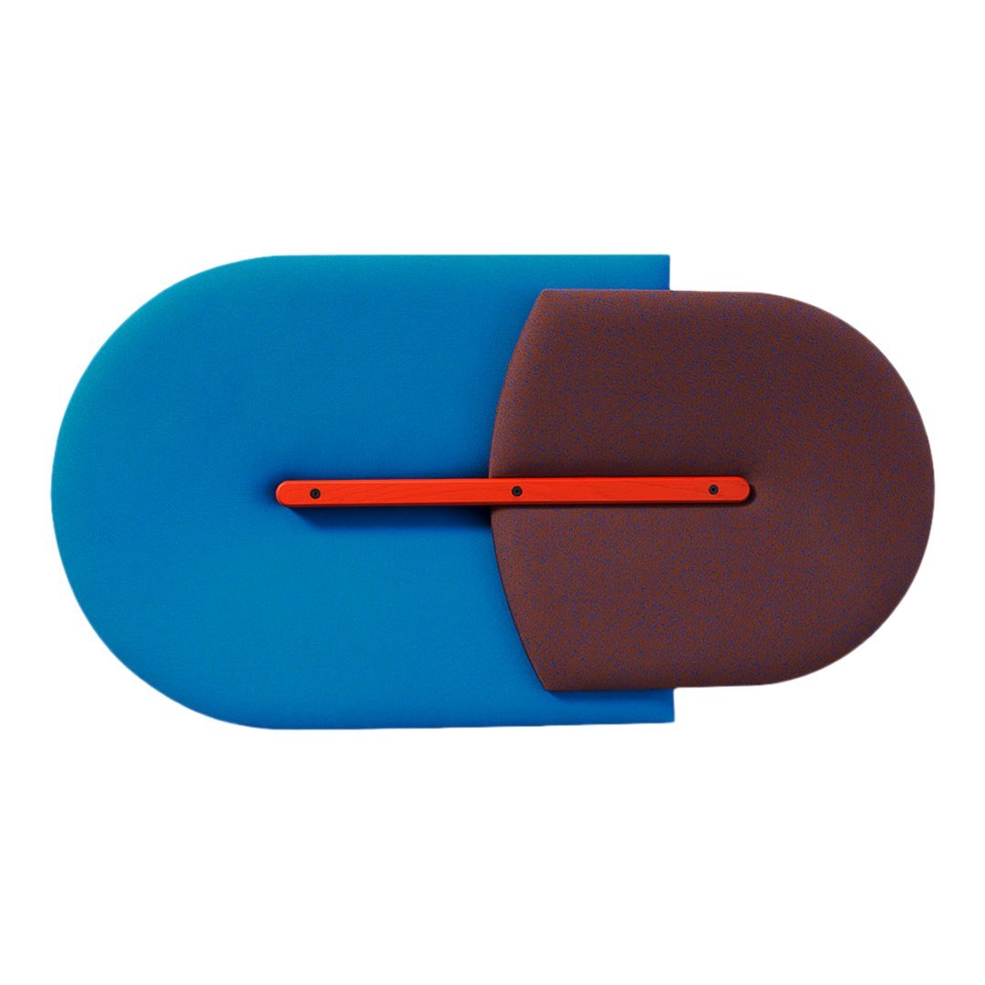 Multicolored abstract design featuring blue, brown, and orange shapes with smooth, rounded edges and contrasting patterns.