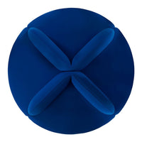 Round navy blue cushion with a unique cross pattern, featuring plush textures and smooth curves for a modern look.
