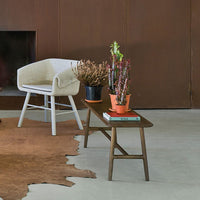 Mid-century modern chair in soft white, natural wood table, vibrant orange pots, and earthy brown rug accent.