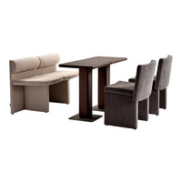 Neutral beige and gray dining furniture set with soft textures and a dark wood table. Modern and stylish aesthetic.