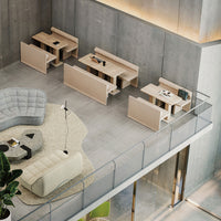 Stylish beige seating, gray furniture, and neutral patterns in a modern interior space, highlighting contemporary design elements.