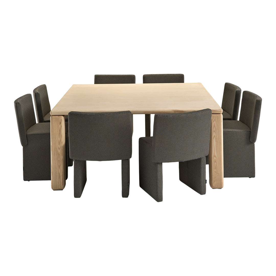 Wooden dining table with six dark gray upholstered chairs featuring a subtle textured pattern.