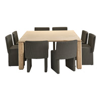 Wooden dining table with six dark gray upholstered chairs featuring a subtle textured pattern.