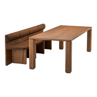 Wooden dining table and bench set in warm brown tones with a sleek, natural finish and textured seat design.