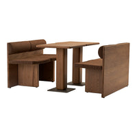Brown wooden dining table and benches with textured surfaces in warm, natural tones. Modern design with clean lines.