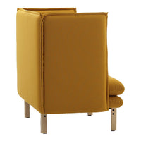 "Stylish mustard-yellow upholstered chair with a sleek, modern design and minimalist silver legs."