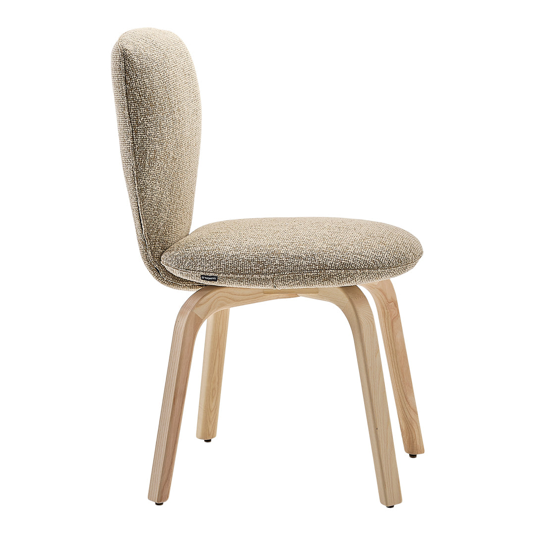 Beige textured fabric chair with light wood legs, featuring a modern design and subtle woven patterns.