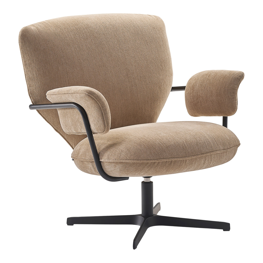 Beige upholstered chair with a textured fabric and sleek black metal frame, offering modern style and comfort.