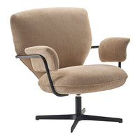 Beige upholstered chair with a textured fabric and sleek black metal frame, offering modern style and comfort.