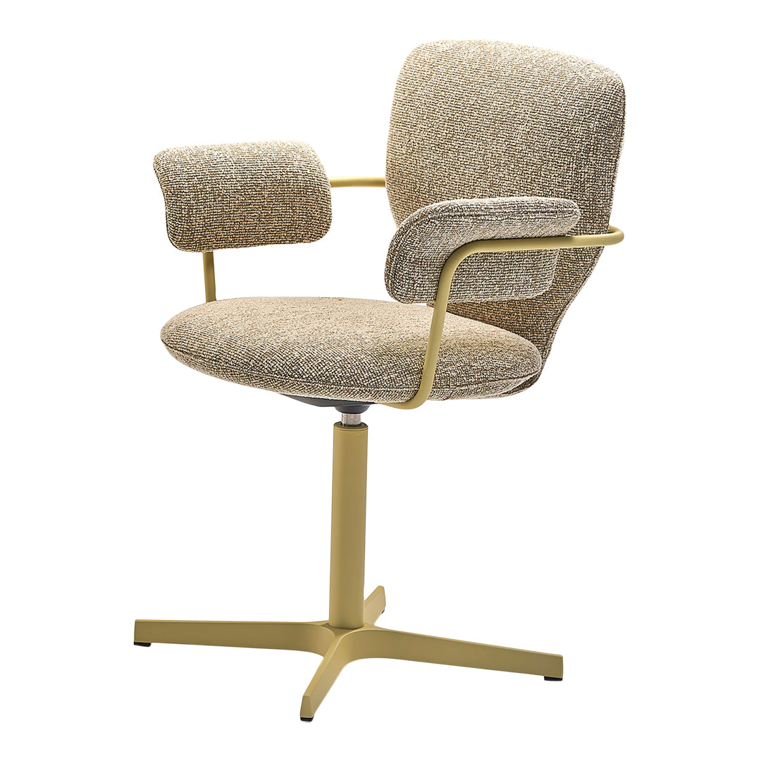Tan textured fabric chair with subtle flecks, supported by a pale yellow metal base. Perfect for modern interiors.