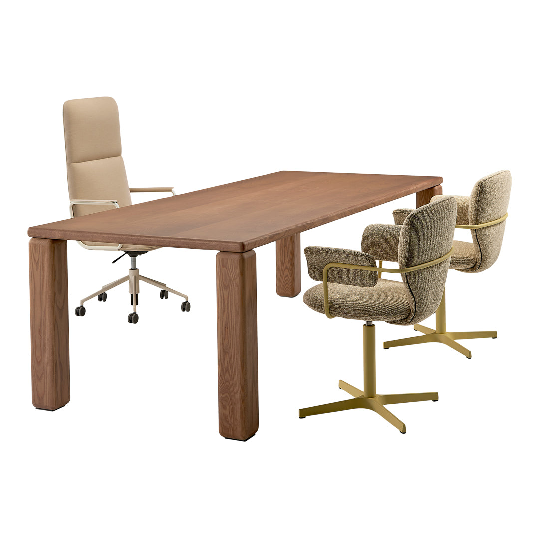 Wooden table with a rich brown finish, complemented by beige upholstered chairs with gold accents and textured patterns.