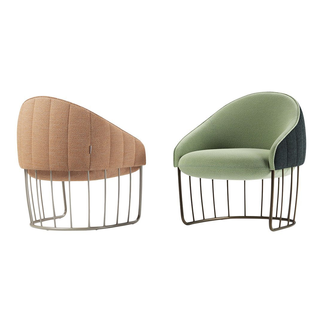 Set of two modern chairs featuring soft peach and muted green upholstery with sleek metal bases.