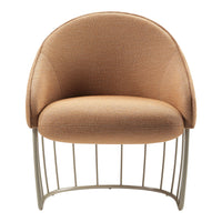 Curved chair with a warm tan fabric upholstery and sleek metal base, offering a modern and cozy design.