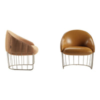 Stylish modern chair featuring warm beige and rich caramel colors with smooth and quilted fabric patterns.