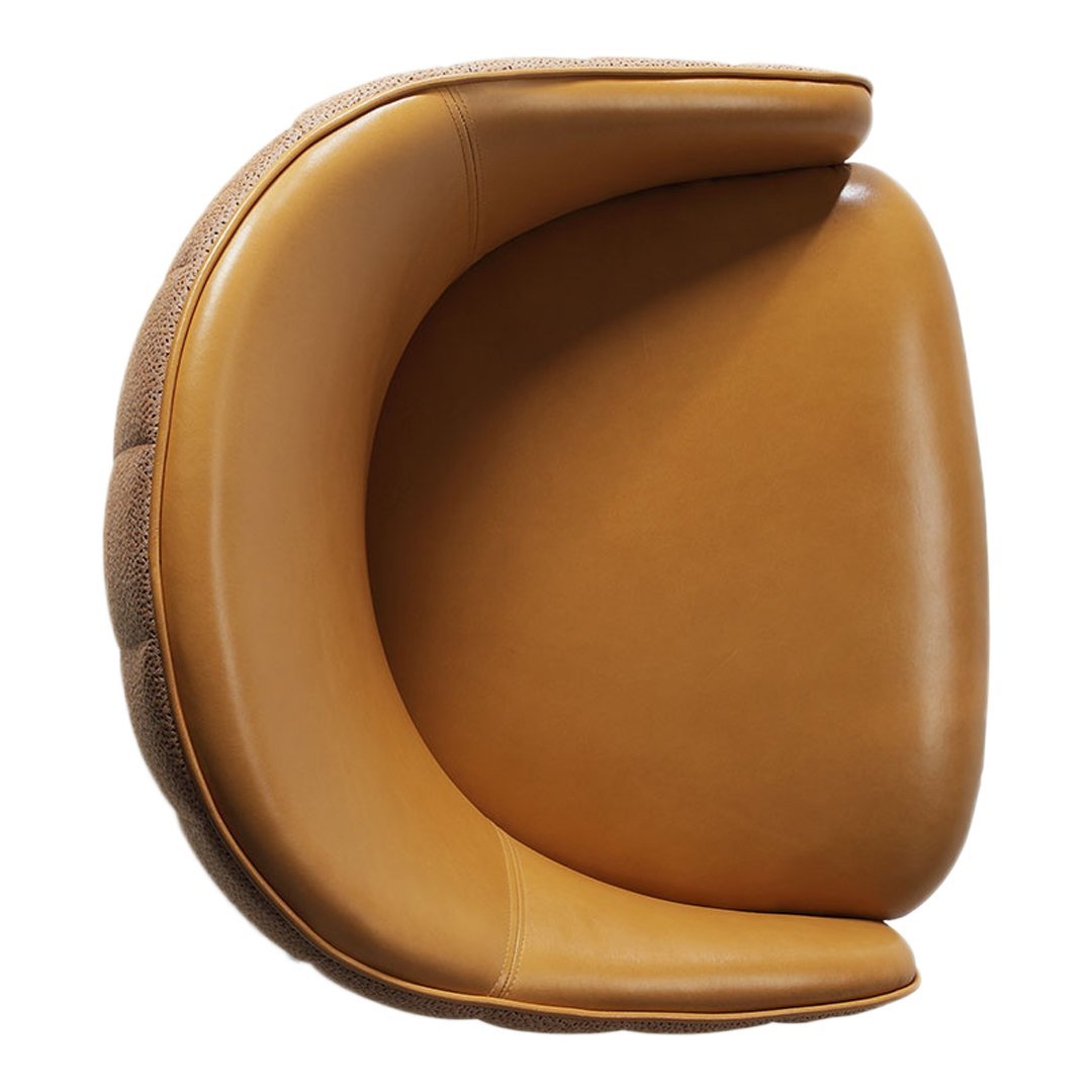 Brown leather chair with a smooth, curved design and contrasting textured outer pattern. Perfect for modern decor.