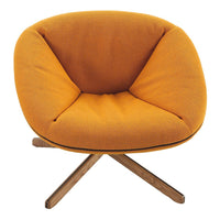 Cozy orange cushioned chair with a textured pattern and stylish wooden legs. Perfect for modern decor.