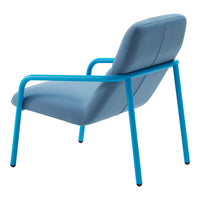 Light blue chair with a sleek, modern design and vibrant turquoise metal frame.