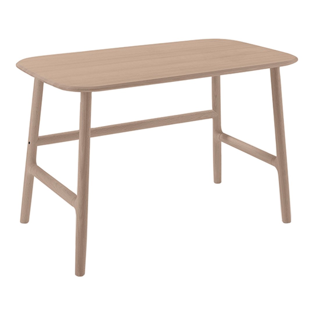 Wooden dining table in light beige with a smooth, minimalist design and rounded edges. Perfect for any decor.