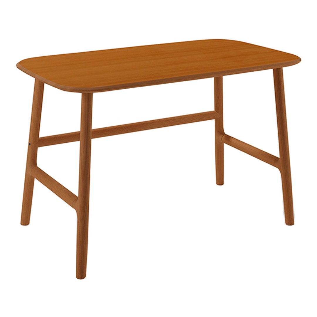 Brown wooden table with a smooth finish and minimalist design, featuring a rectangular shape and tapered legs.