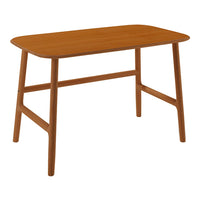 Brown wooden table with a smooth finish and minimalist design, featuring a rectangular shape and tapered legs.