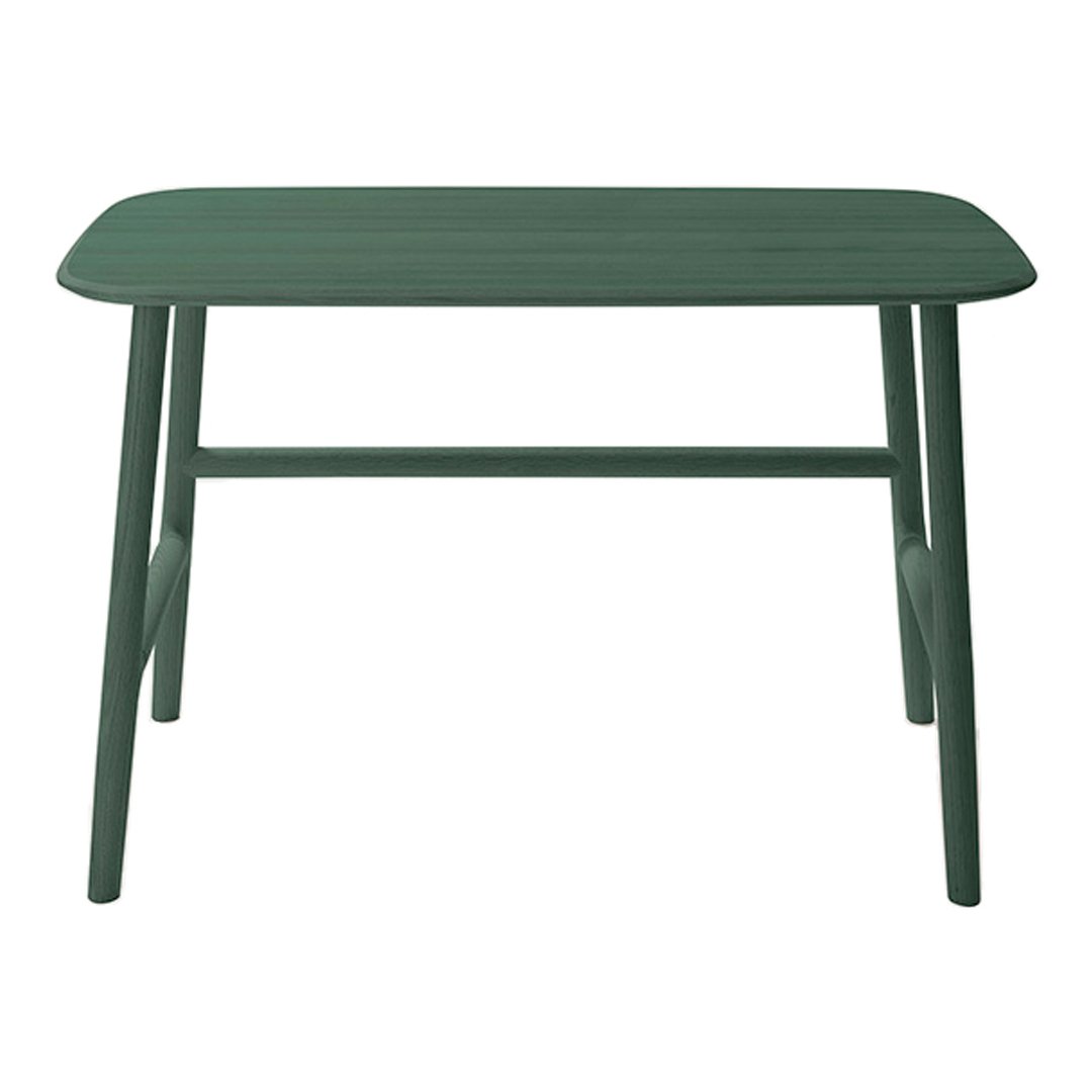 Green rectangular table with a smooth finish and simple design, featuring minimalist wooden legs for modern decor.