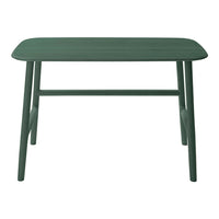 Green rectangular table with a smooth finish and simple design, featuring minimalist wooden legs for modern decor.
