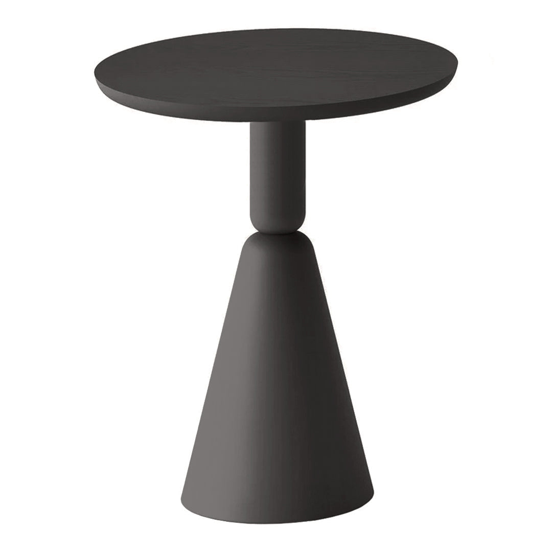 Black modern accent table with a sleek circular top and conical base, featuring a matte finish. Ideal for contemporary decor.