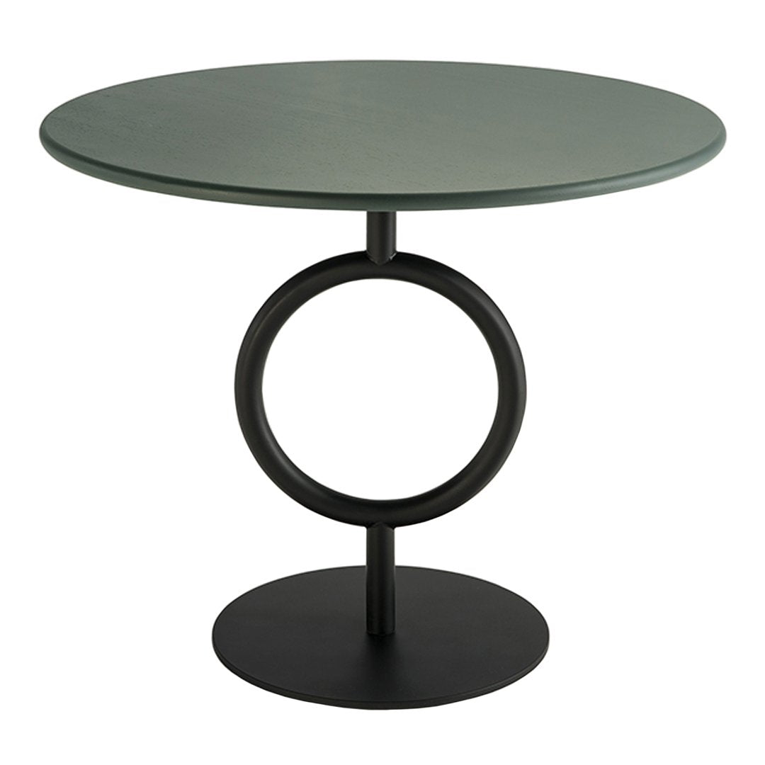 Green round tabletop with a sleek black circular base, featuring a modern minimalist design.