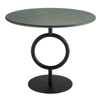 Green round tabletop with a sleek black circular base, featuring a modern minimalist design.
