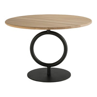 Round wooden table with a natural finish, featuring a sleek black metal base and circular design. Modern and stylish look.