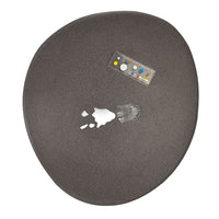 Gray oval table with a textured surface and colorful control panel accents. Ideal for modern decor.