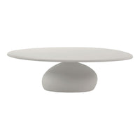 Gray minimalist pedestal table with a smooth, oval top and a rounded base, featuring a matte finish.