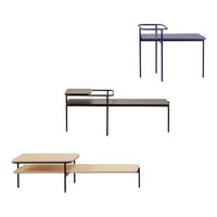 Modern coffee tables in natural wood, black, and deep purple finishes, featuring sleek lines and minimalist design.