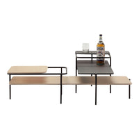 Modern shelving unit featuring natural wood tones and sleek black metal accents, creating a stylish contrast.