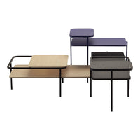 "Modern coffee tables in natural wood, matte black, and rich purple colors, featuring varied geometric patterns."
