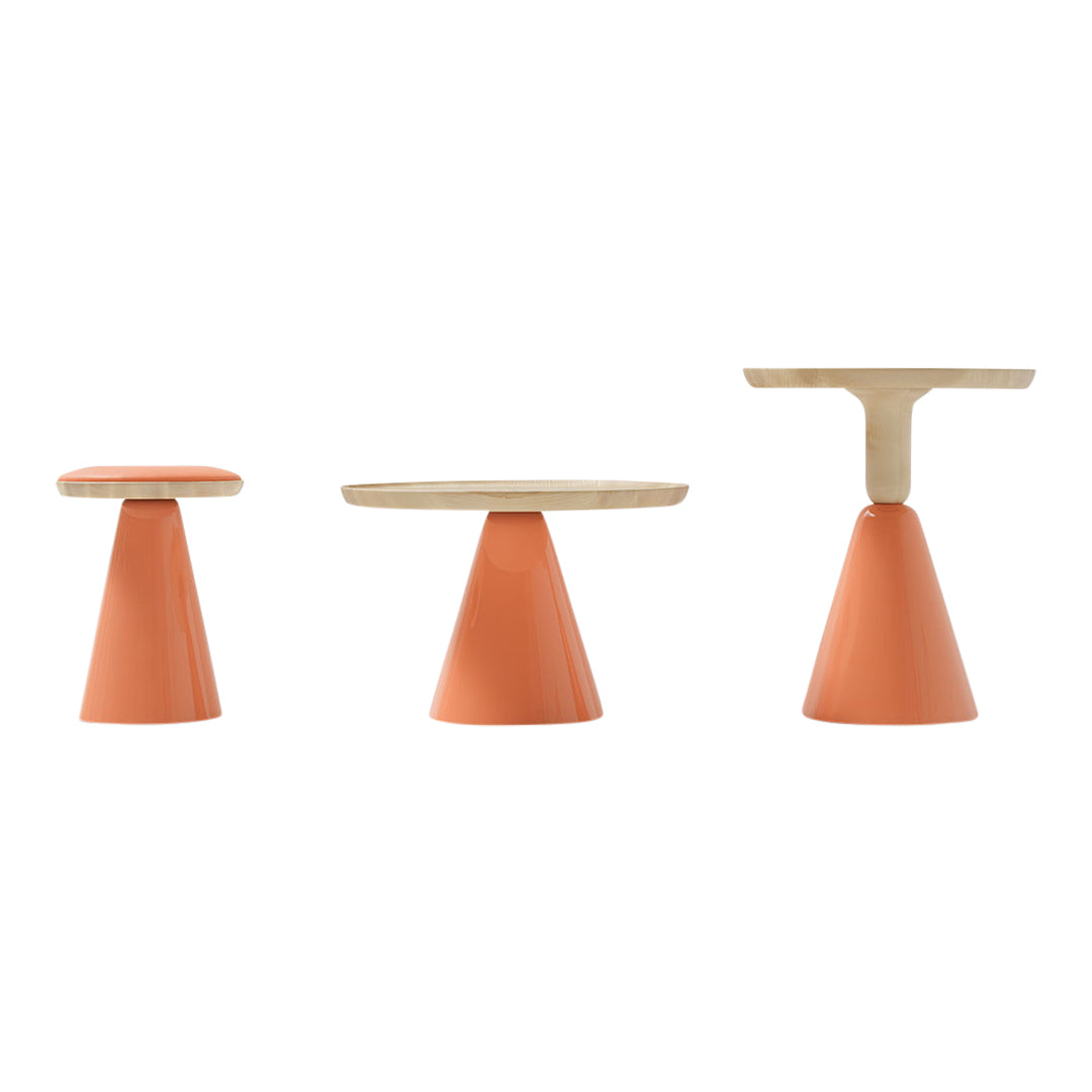 Set of three modern stools in a vibrant orange with natural wood accents, featuring sleek cone and round shapes.