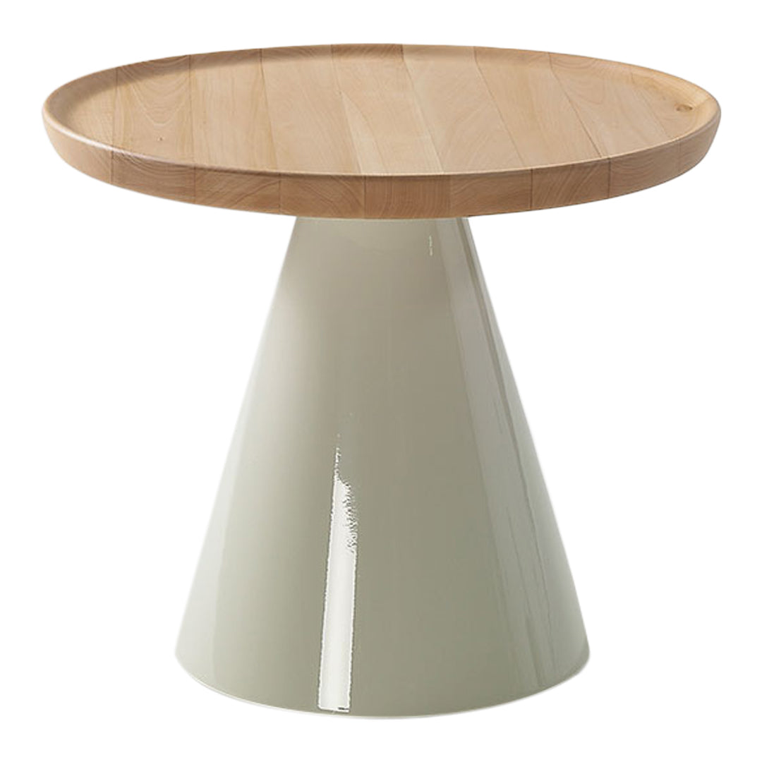 Round wooden tabletop with a sleek light gray conical base. Modern design with natural and neutral tones.