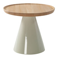 Round wooden tabletop with a sleek light gray conical base. Modern design with natural and neutral tones.