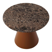 Round coffee table with a dark marble top featuring brown and gold veining, complemented by a warm brown base.
