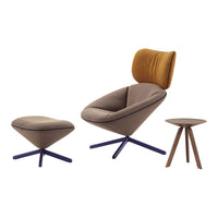 Modern chair set in warm browns with mustard accents and sleek purple legs, featuring smooth, minimalist curves.