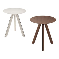 Round side tables in sleek white and rich brown wood finishes, featuring minimalist design and tapered legs.