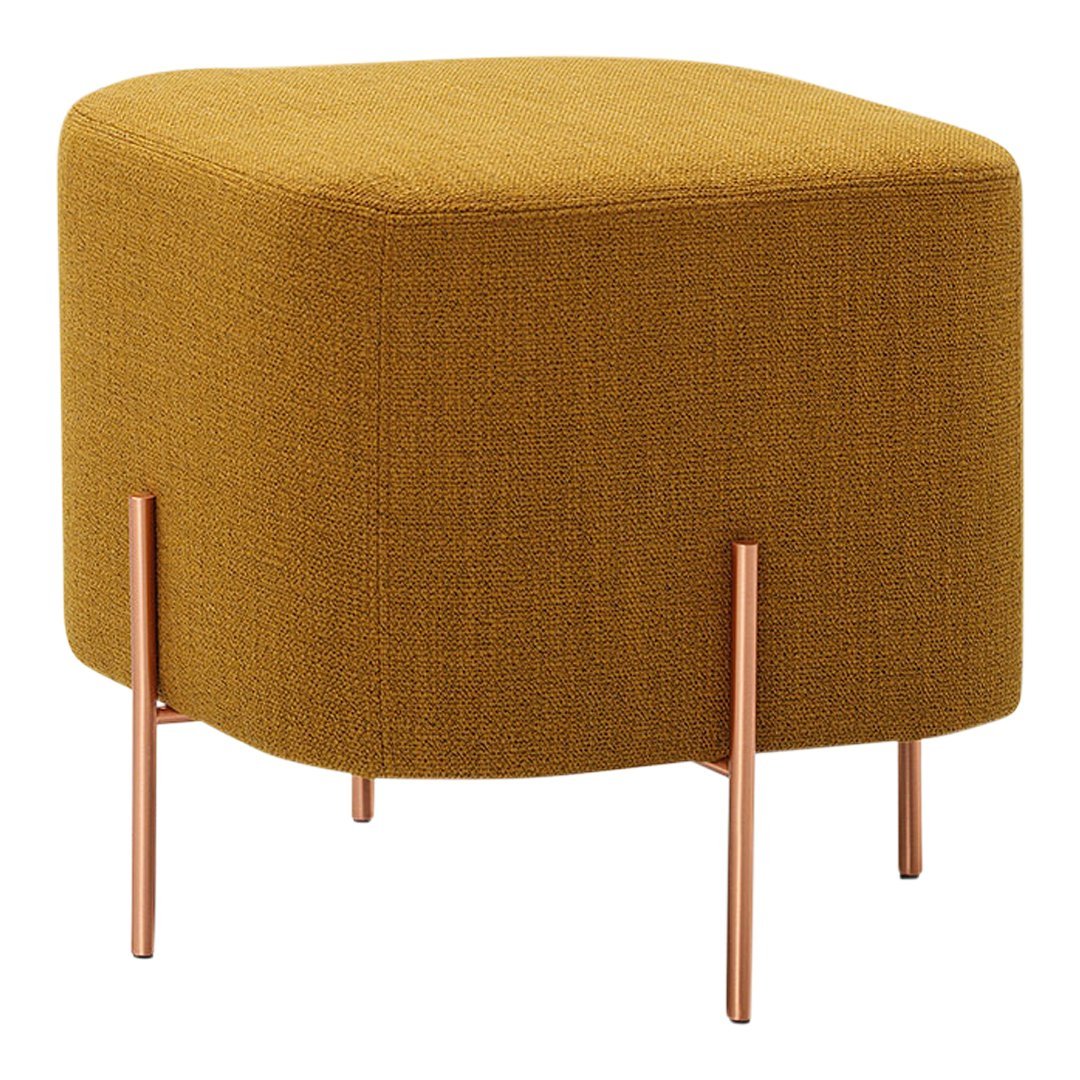 Square mustard yellow ottoman with a textured fabric and slim rose gold legs. Perfect for modern decor.