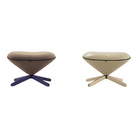 Two modern stools: one in soft brown with a dark blue base, and the other in light beige with a natural wood base.