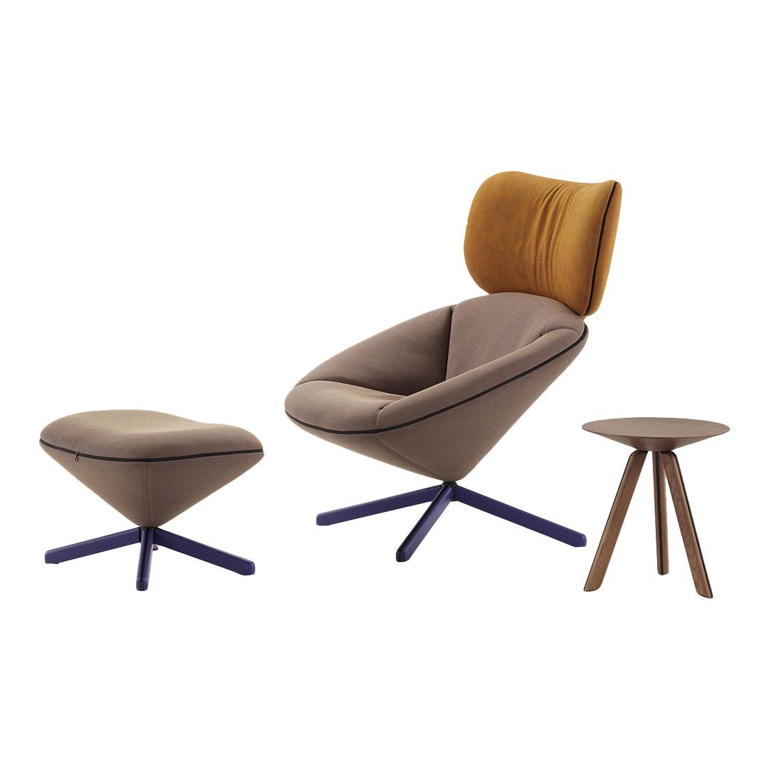 Modern chair set featuring warm brown upholstery, mustard accents, and sleek purple legs. Stylish and contemporary design.
